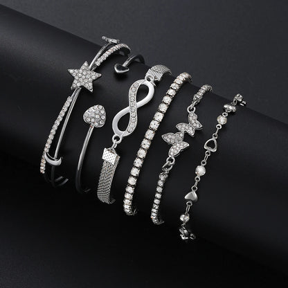 Elegant Sparkling Rhinestone Bracelets Set for Women Butterfly Heart Infinity Star Designs Open Bracelet Daily Wear Jewelry Gift