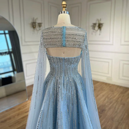 Serene Hill 2025 Arabic Blue Cape  A-Line Beaded Evening Dresses Long Celebrity Gowns  LA72427 Customized