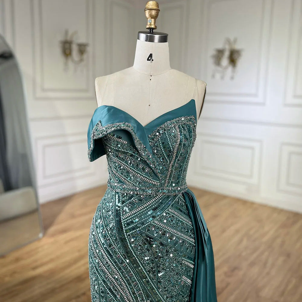 2025 Arabic Turquoise Beaded Evening Dresses  Dubai Elegant One Shoulder  Wedding Party Gowns LA72335  Customized