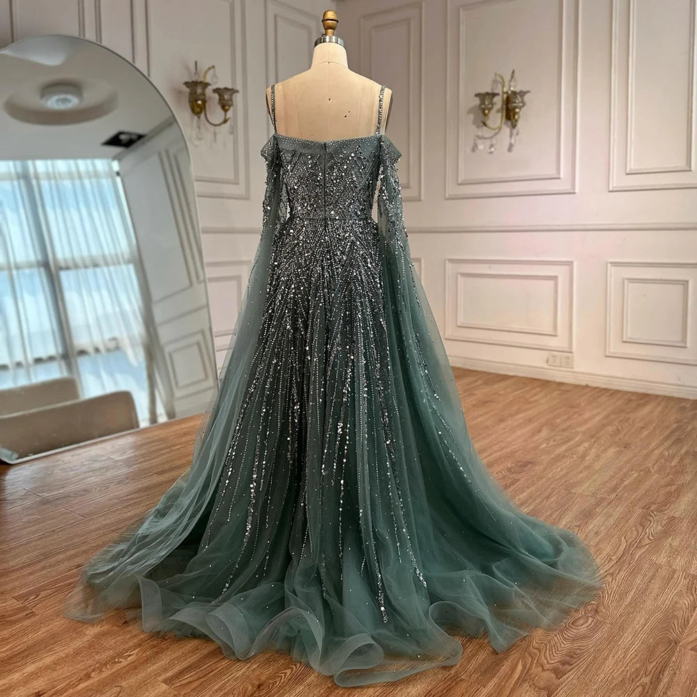 Turquoise Saudi A Line Luxury Evening Dress with Long Sleeves Cape for Formal Occasion Serene Hill 2025 LA72957 Customized