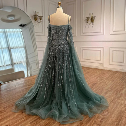 Turquoise Saudi A Line Luxury Evening Dress with Long Sleeves Cape for Formal Occasion Serene Hill 2025 LA72957 Customized
