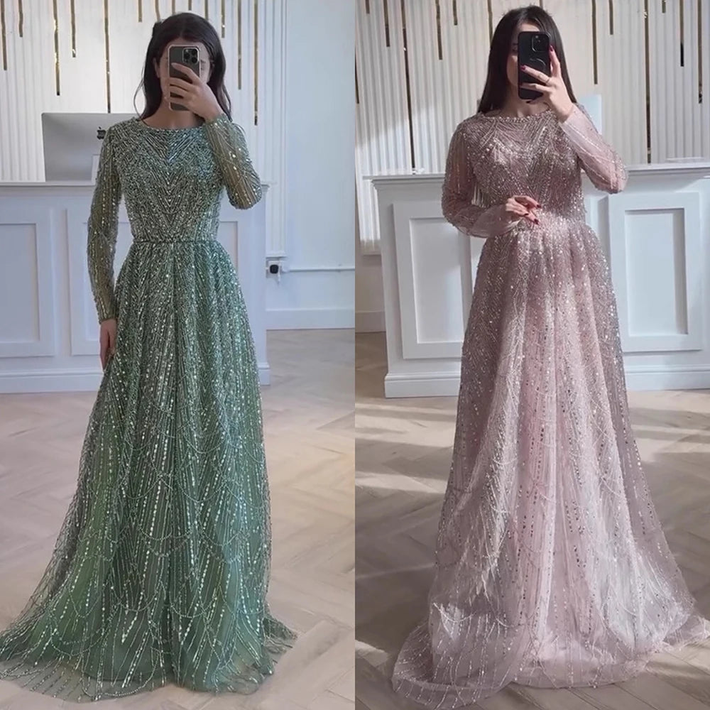 Luxury Olive Green Long Sleeve Beaded A Line Evening Gown for Wedding Party Prom Serene Hill 2025 Customized LA72738B Plus Size