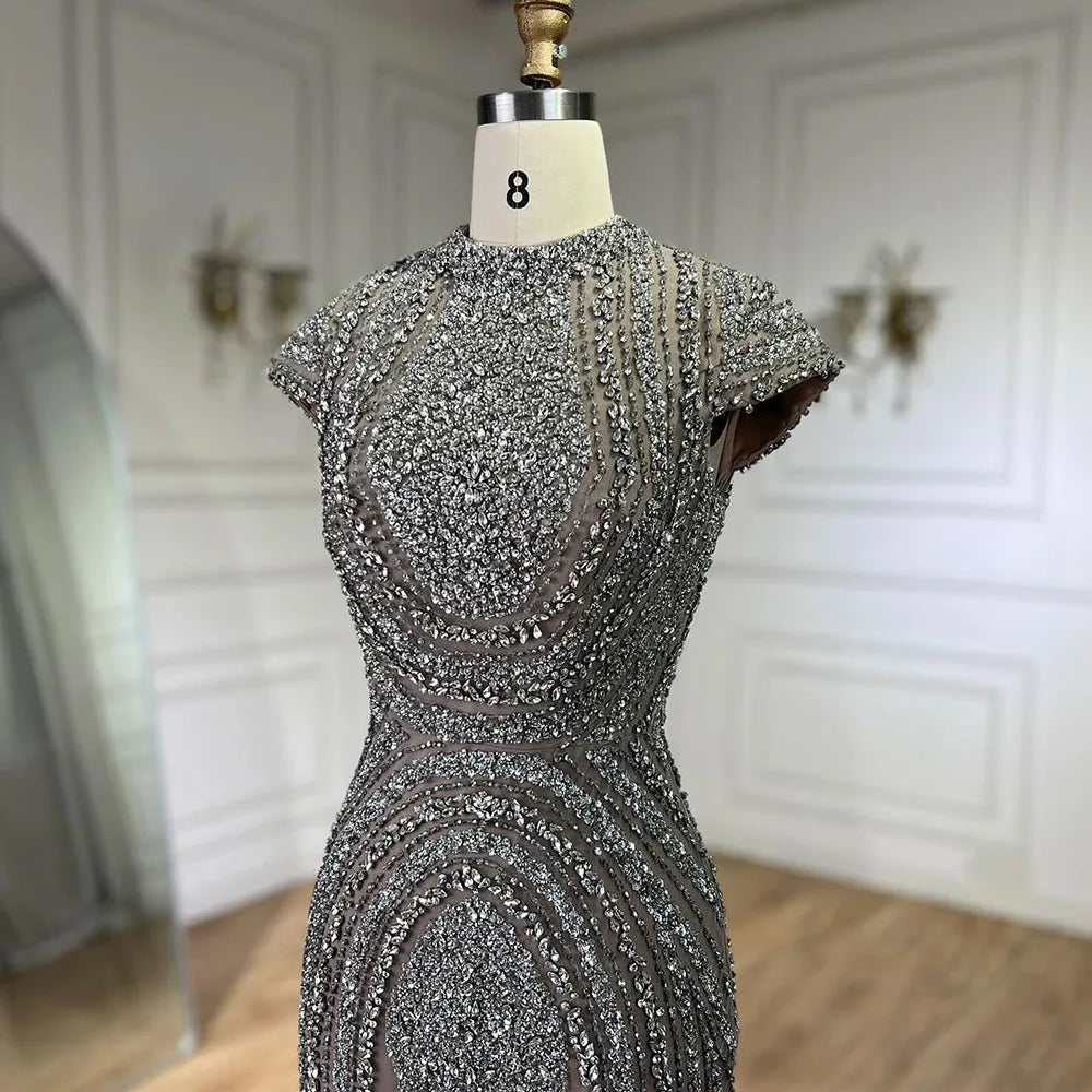 2025 Arabic Dubai Gray Nude Mermaid Floor Length Beaded Luxury Evening Dresses Gowns For Wedding Party LA72344 Customized