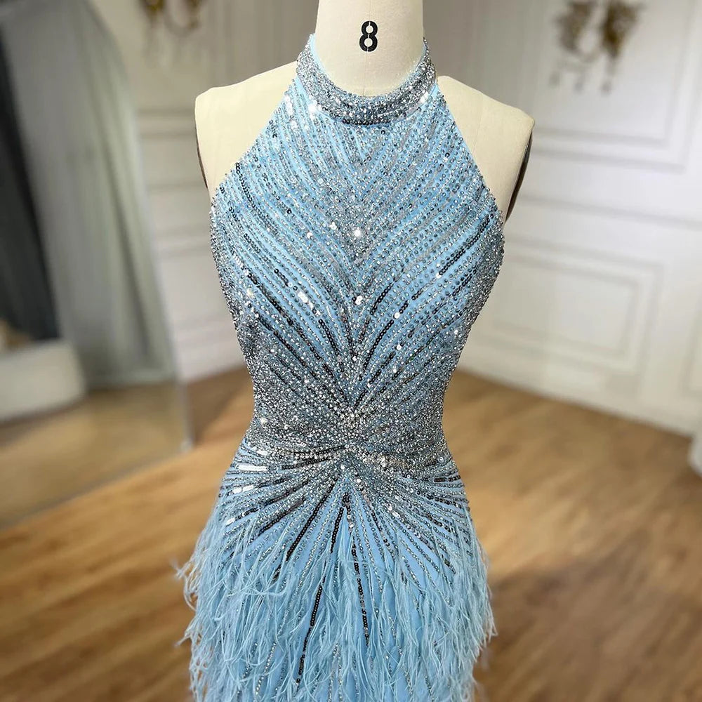 Serene Hill Dubai Halter Beige  Feathers Beaded Formal Luxury Mermaid Evening Dresses For Women Wedding Party 2025 LA70623A