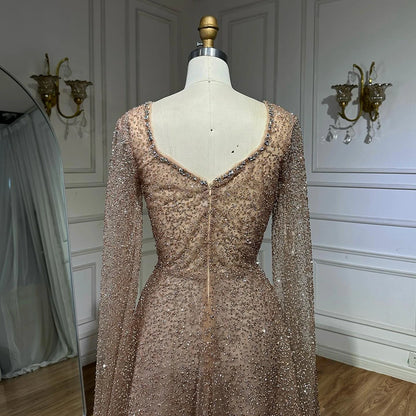 Serene Hill 2025 Customized Saudi Arabic Caramel Beaded Cape Sleeves A Line Evening Dresses For Formal Occasion LA72147A