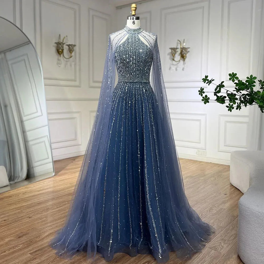 Serene Hill Arabic Turquoise A Line Cape Sleeve Beaded   Evening Dresses Gowns For Occasion 2025 LA72306A Customized