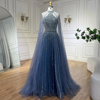 Serene Hill Arabic Turquoise A Line Cape Sleeve Beaded   Evening Dresses Gowns For Occasion 2025 LA72306A Customized