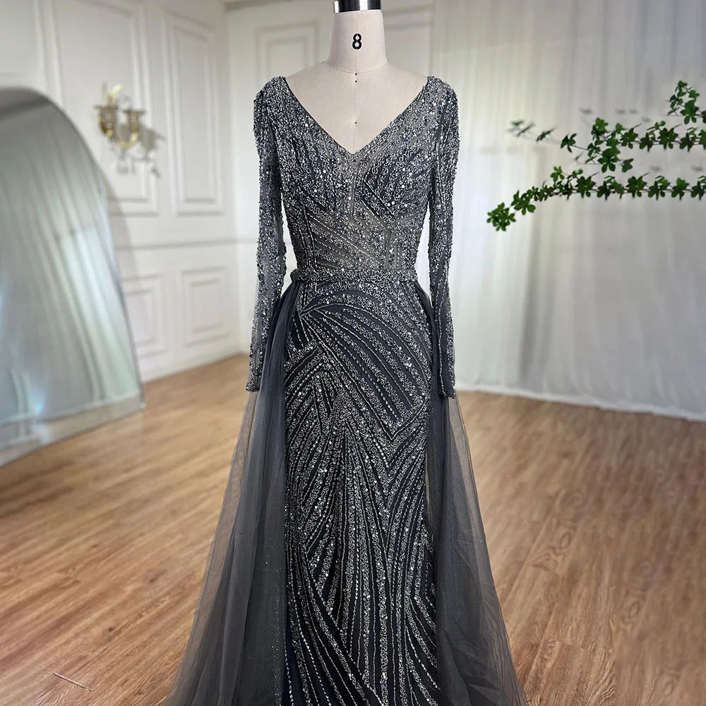 Serene Hill  Mermaid Beaded  Blue Muslim  Evening Dresses Gowns  with Detachable Skirt 2025  LA71750 Customized