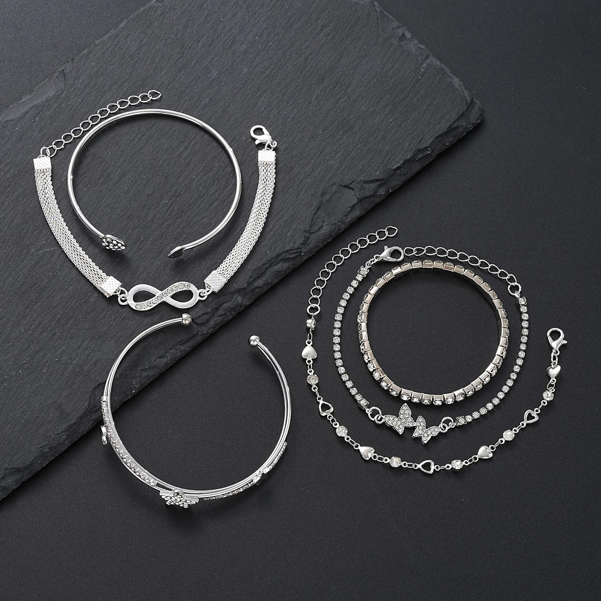 Elegant Sparkling Rhinestone Bracelets Set for Women Butterfly Heart Infinity Star Designs Open Bracelet Daily Wear Jewelry Gift