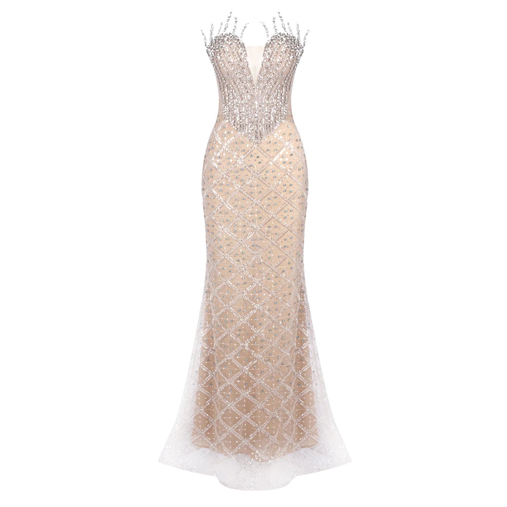 VC Fashion Silver Sequin Strapless Mermaid Dress Gown with Crystal Accents for Luxury Award Ceremonies