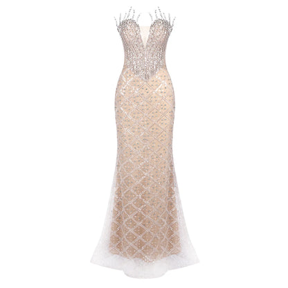 VC Fashion Silver Sequin Strapless Mermaid Dress Gown with Crystal Accents for Luxury Award Ceremonies