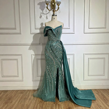 2025 Arabic Turquoise Beaded Evening Dresses  Dubai Elegant One Shoulder  Wedding Party Gowns LA72335  Customized