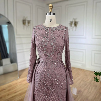 Serene Hill Muslim Silver Nude Mermaid Gown with Detachable Overskirt Beaded Evening Dress for Women Wedding Party 2025 LA71919