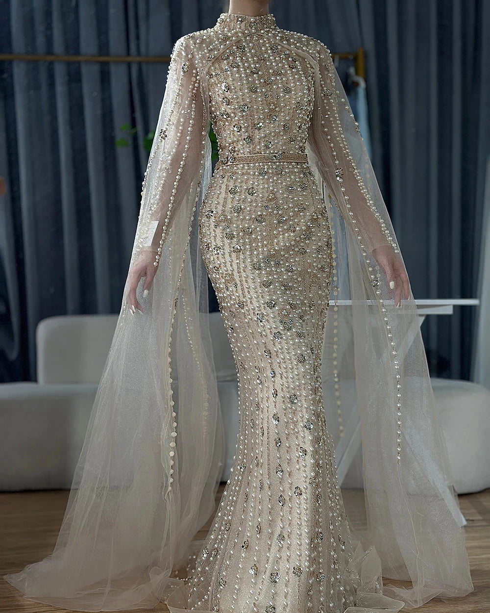 Muslim Nude Mermaid Cape Sleeves Pearls Beaded Luxury Dubai Evening Dresses Gowns 2025 Wedding Party LA72372 Customized