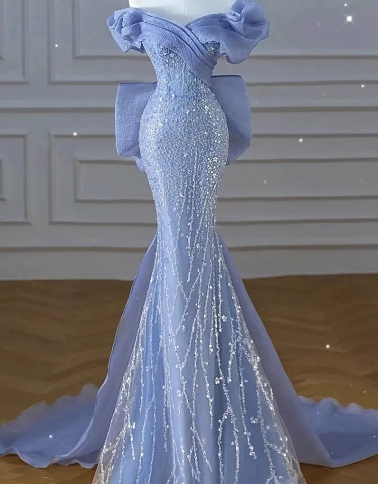 Woman's Dress High Dress Off-Shoulder Blue Evening Dress Light Luxury Niche Mermaid Sequin Host Elegant Party Dress