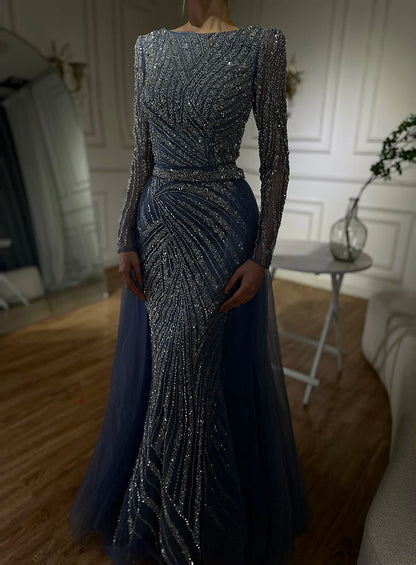 Serene Hill  Mermaid Beaded  Blue Muslim  Evening Dresses Gowns  with Detachable Skirt 2025  LA71750 Customized