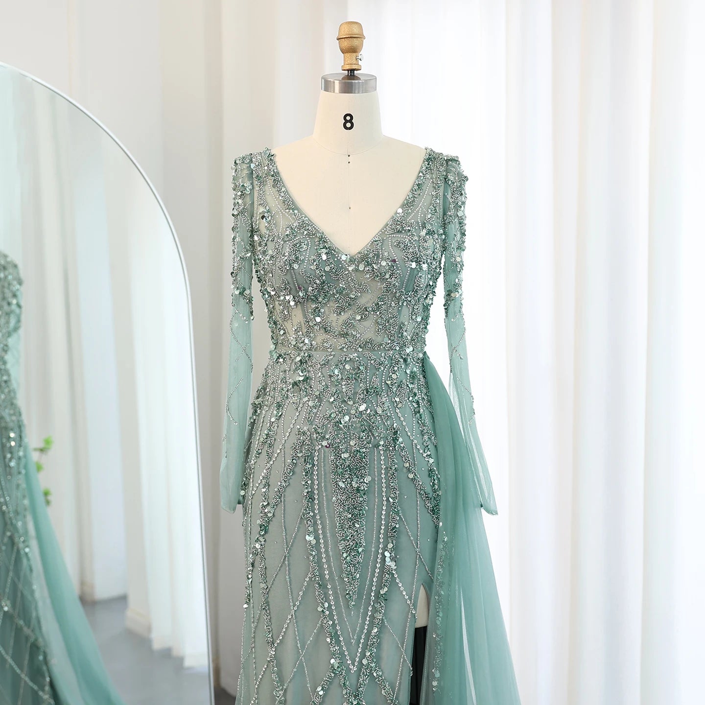 Sharon Said Turquoise Green Meramid Long Sleeves Evening Dress with Overskirt Slit Luxury for Wedding Party SS181 Customized