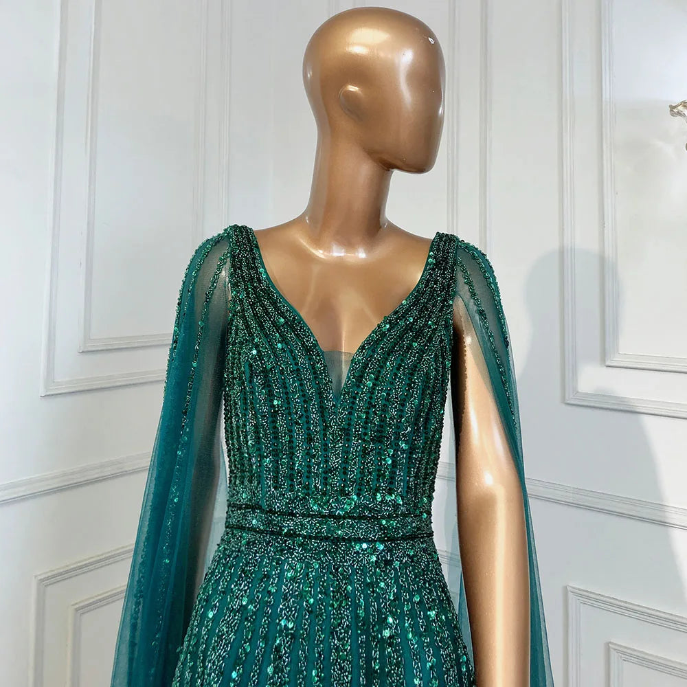 Nude Arabic Luxury Cape Sleeves Evening Dresses Gowns A-Line Beaded 2025 For Party LA71567 Customized