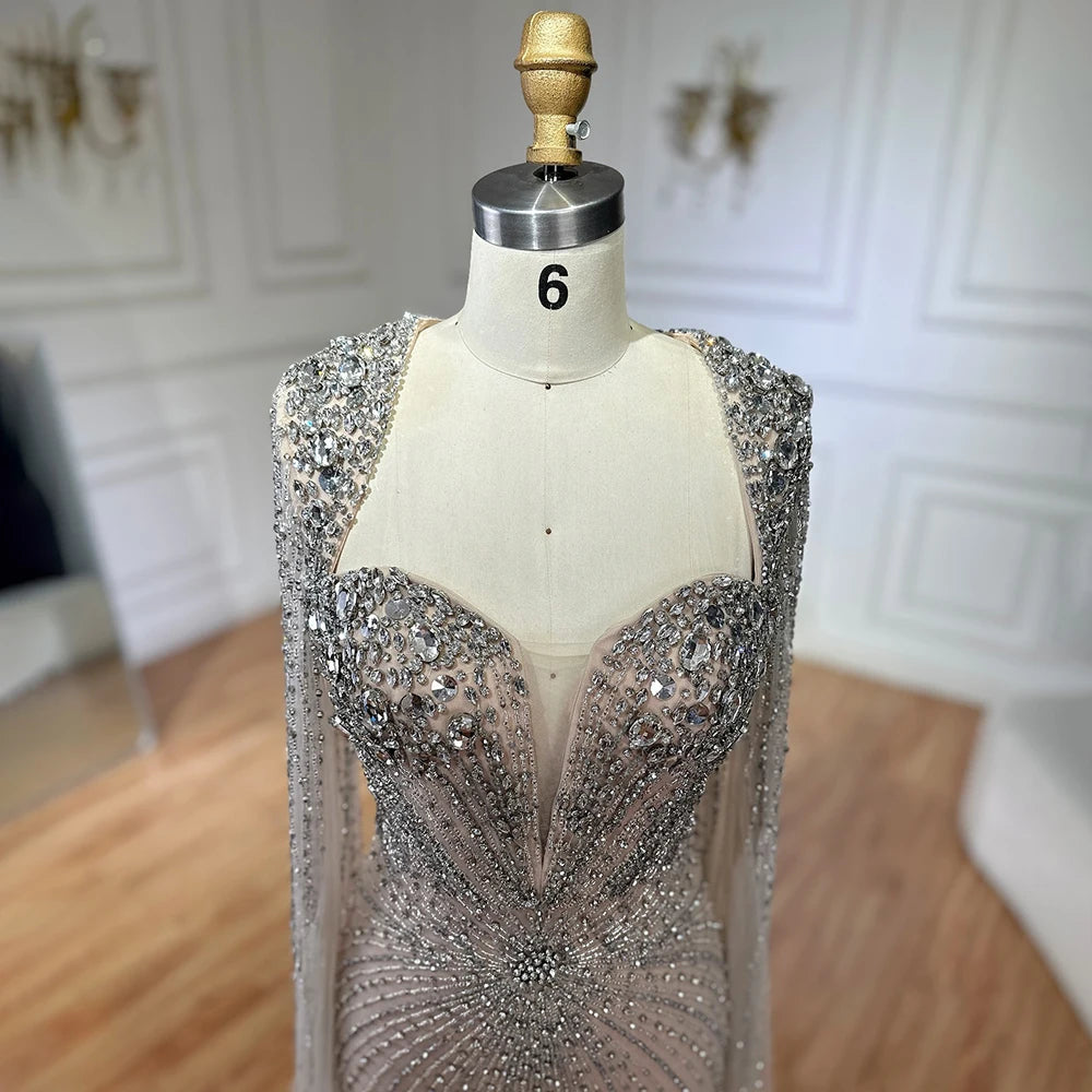 Serene Hill Customized Arabic Silver Nude Cape Sleeves Beaded Evening Dresses Gowns For Women Wedding Party 2025 LA72575