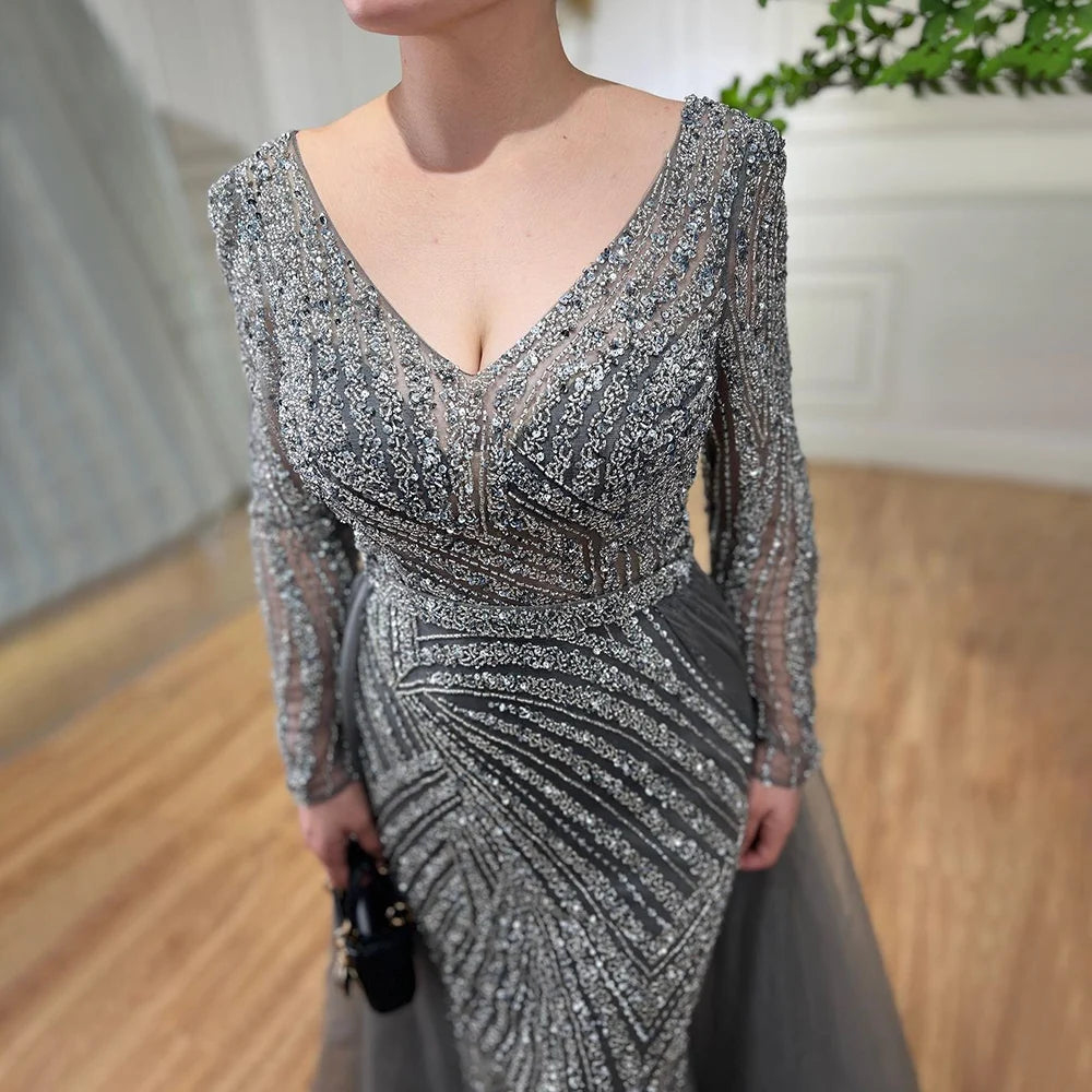 Serene Hill  Mermaid Beaded  Blue Muslim  Evening Dresses Gowns  with Detachable Skirt 2025  LA71750 Customized
