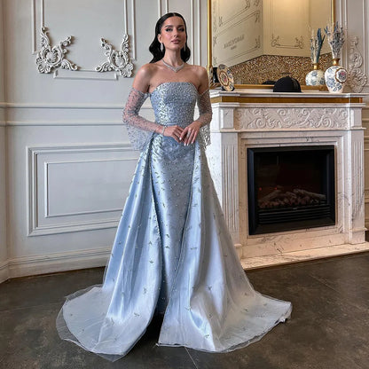 Serene Hill Customized 2025 Arabic Strapless Gray Blue Beaded Pearls Dubai Evening Dresses For Formal Occasion LA72705