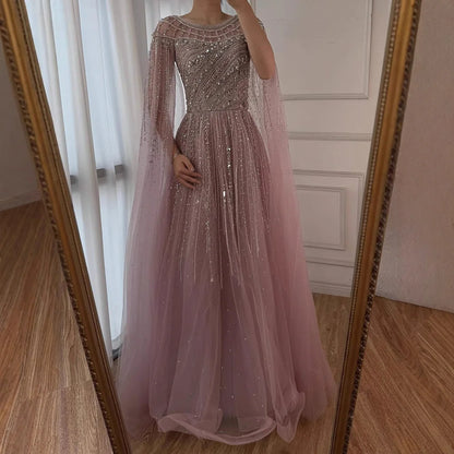 Luxury Caramel Evening Dress with Cape Long Sleeve Beaded Formal Gown for  Occasion Serene Hill 2025 LA72994 Customized