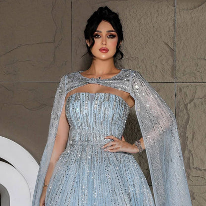 Serene Hill 2025 Arabic Blue Cape  A-Line Beaded Evening Dresses Long Celebrity Gowns  LA72427 Customized
