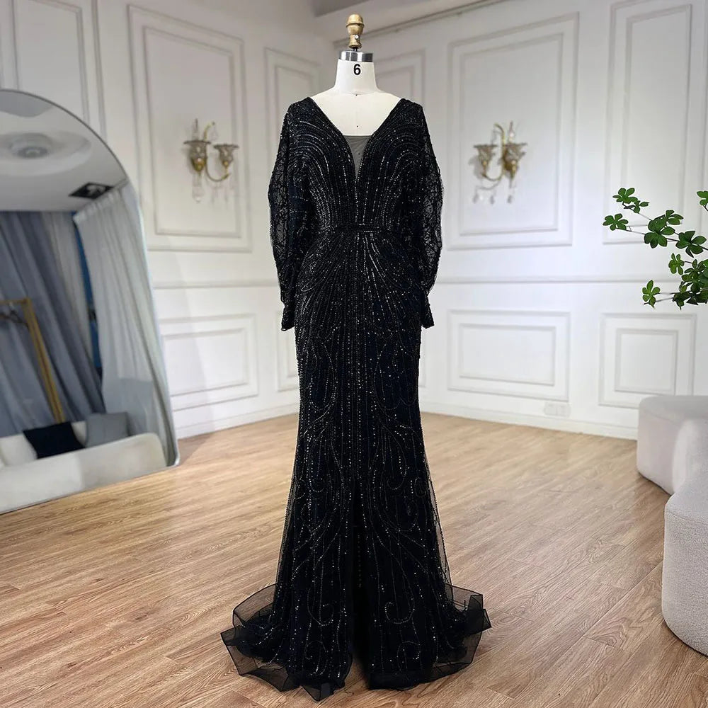 Serene Hill Arabic Gold Elegant Mermaid Black  Beaded Evening Dresses Gowns Diamond For Party 2025 LA72288A Customized