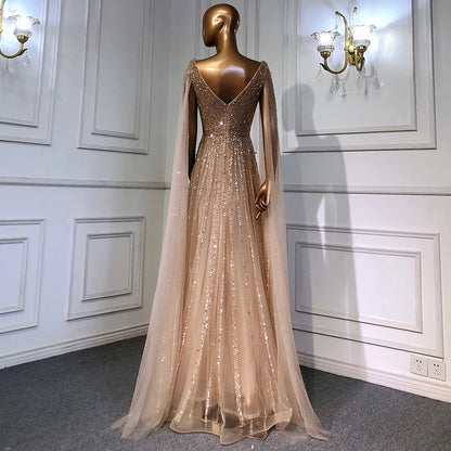 Nude Arabic Luxury Cape Sleeves Evening Dresses Gowns A-Line Beaded 2025 For Party LA71567 Customized