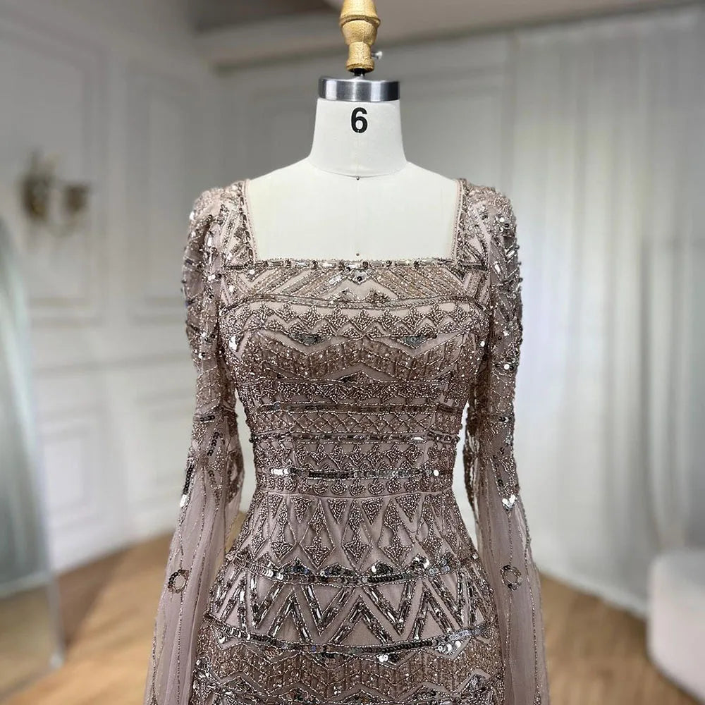 2025 Caramel With Beaded Cape Sleeves Design Mermaid Long Evening Dresses Gowns For Women's Wedding Party LA72355A Customized