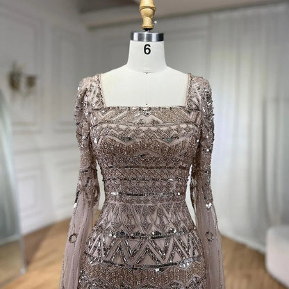 2025 Caramel With Beaded Cape Sleeves Design Mermaid Long Evening Dresses Gowns For Women's Wedding Party LA72355A Customized