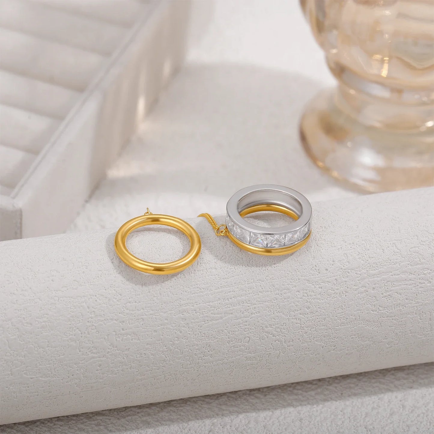 Fashion CZ Zircon Stainless Steel Double Layer Chain Ring for Women Gold Plated Tassel Link Ring Hip Hop Jewelry Waterproof