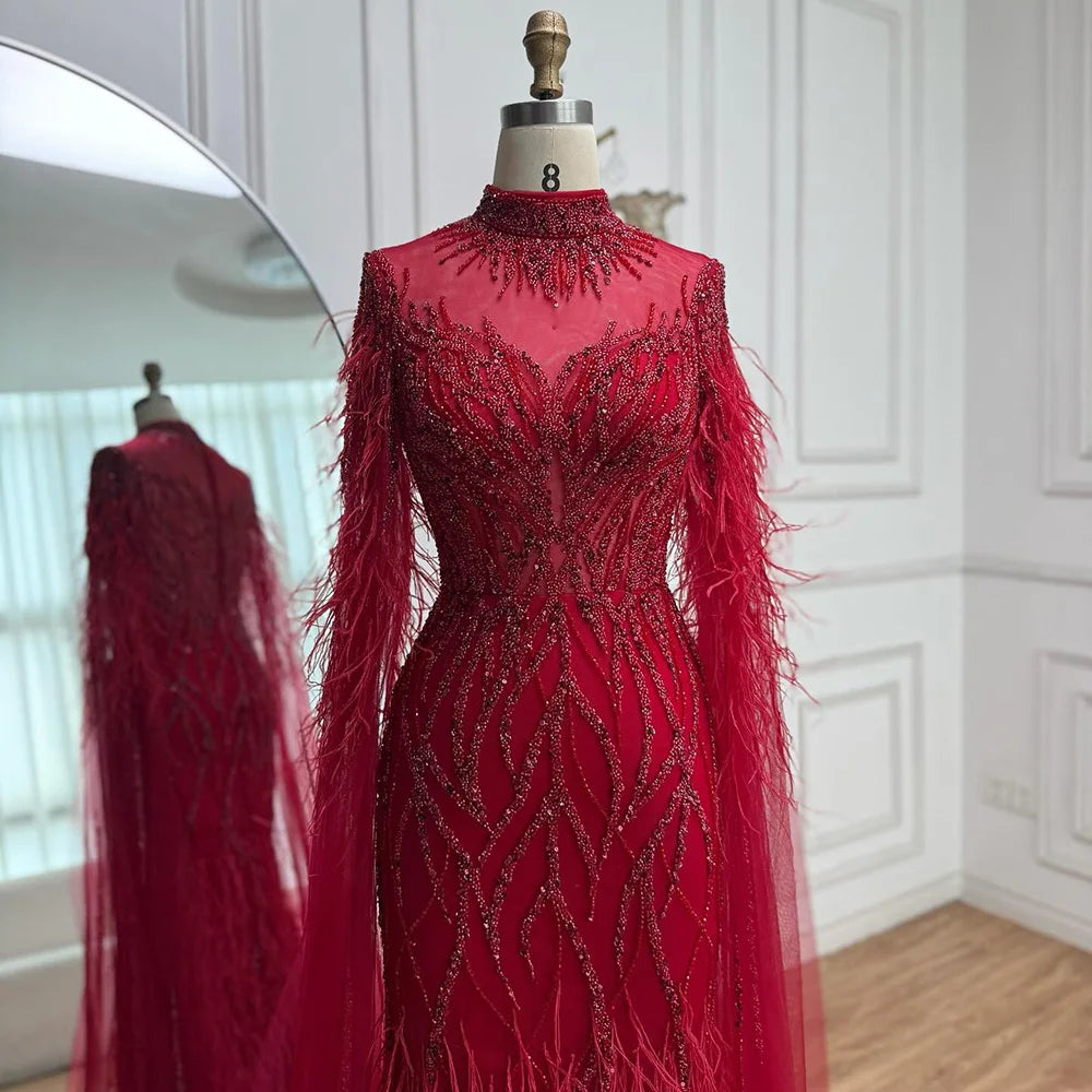 Nude Feather Evening Dress for Women High Neck Cape Sleeve Luxury Beaded Formal Gown Serene Hill 2025 Customized LA71885C