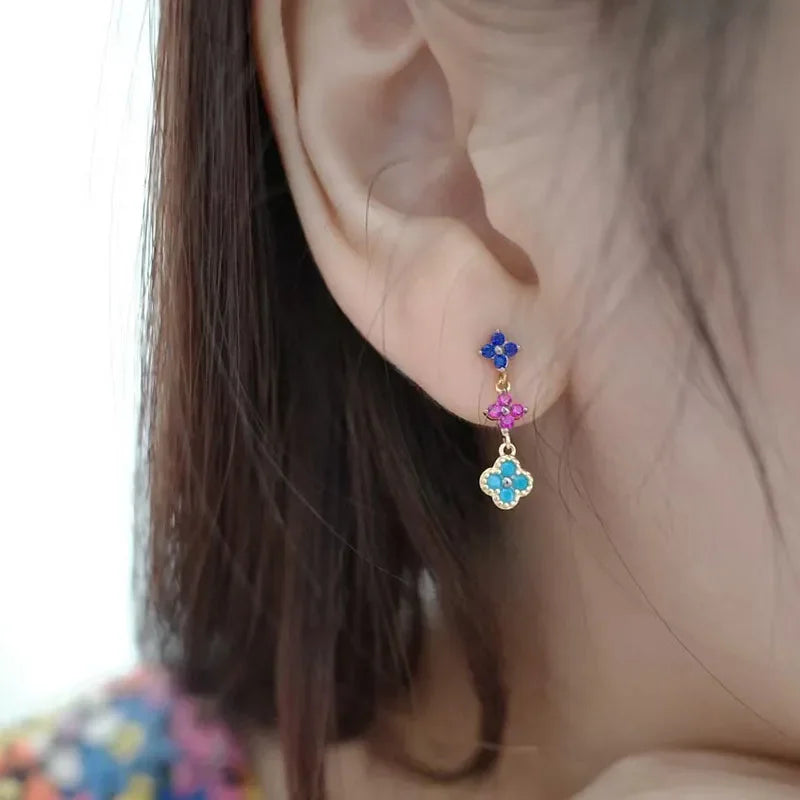 French Style Retro Dopamine Clover Design Necklaces   Colorful Zircon Earrings Clavicle Chain Bracelets Jewelry Sets For Women