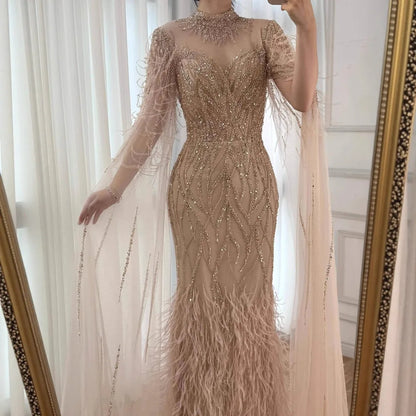 Nude Feather Evening Dress for Women High Neck Cape Sleeve Luxury Beaded Formal Gown Serene Hill 2025 Customized LA71885C