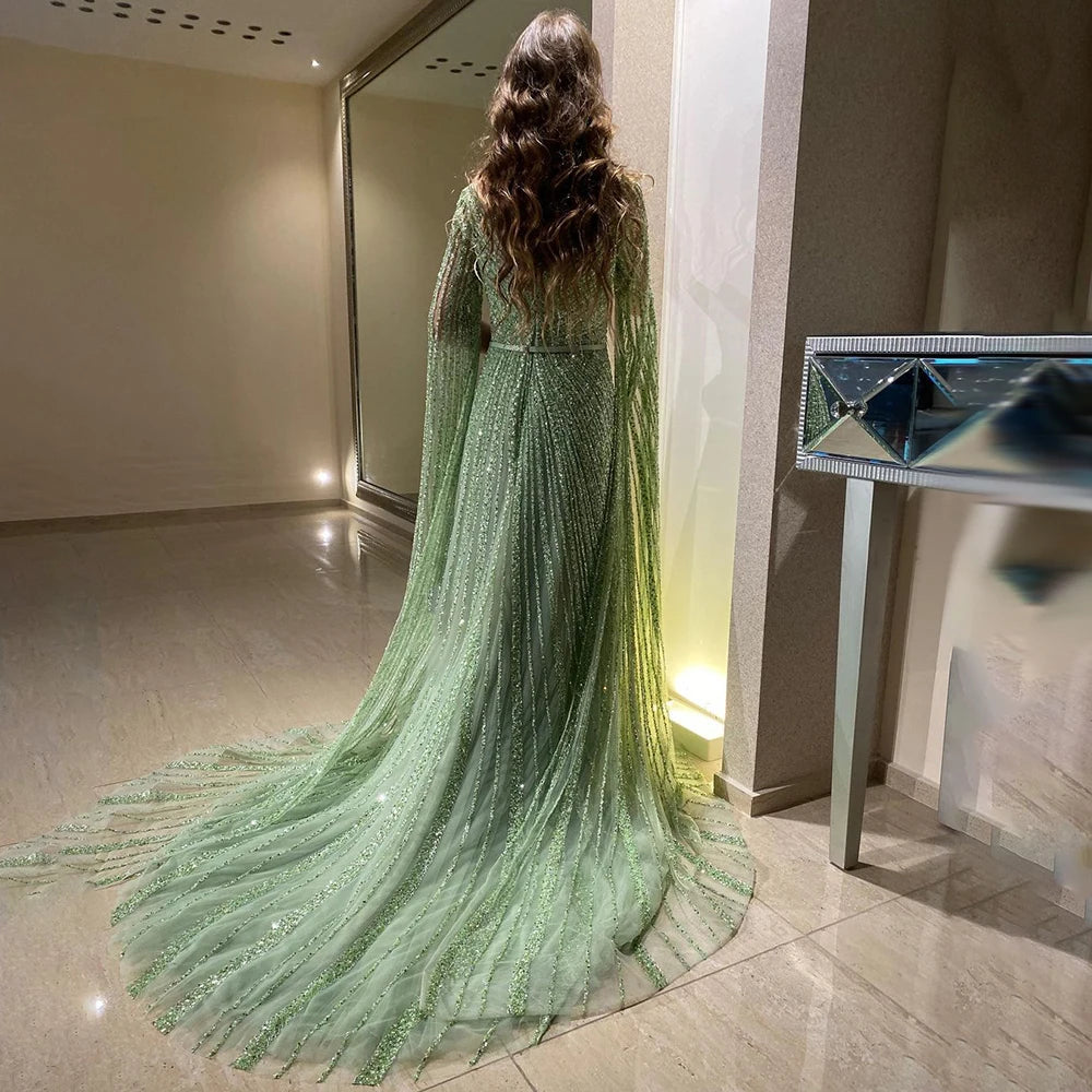 Serene Hill Mint Cape Sleeves A Line Beaded  Dubai Evening Dresses Long 2025 Celebrity Gowns For  Party LA71865 Customized