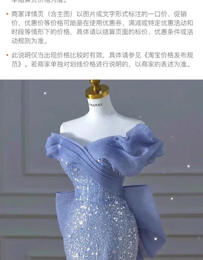 Woman's Dress High Dress Off-Shoulder Blue Evening Dress Light Luxury Niche Mermaid Sequin Host Elegant Party Dress