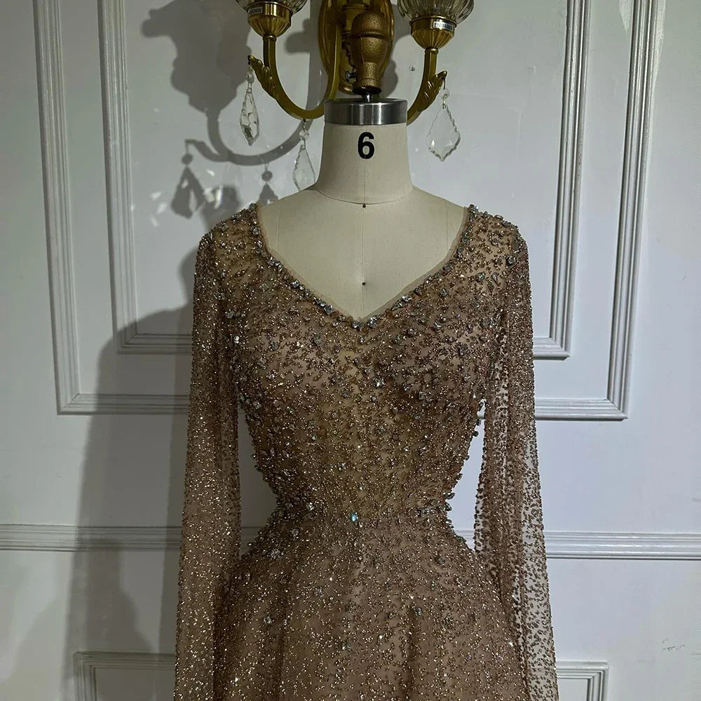 Serene Hill 2025 Customized Saudi Arabic Caramel Beaded Cape Sleeves A Line Evening Dresses For Formal Occasion LA72147A