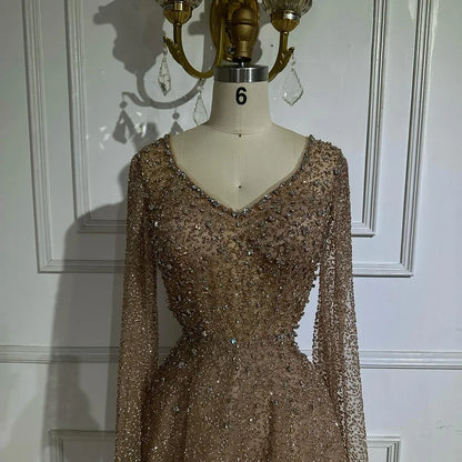 Serene Hill 2025 Customized Saudi Arabic Caramel Beaded Cape Sleeves A Line Evening Dresses For Formal Occasion LA72147A