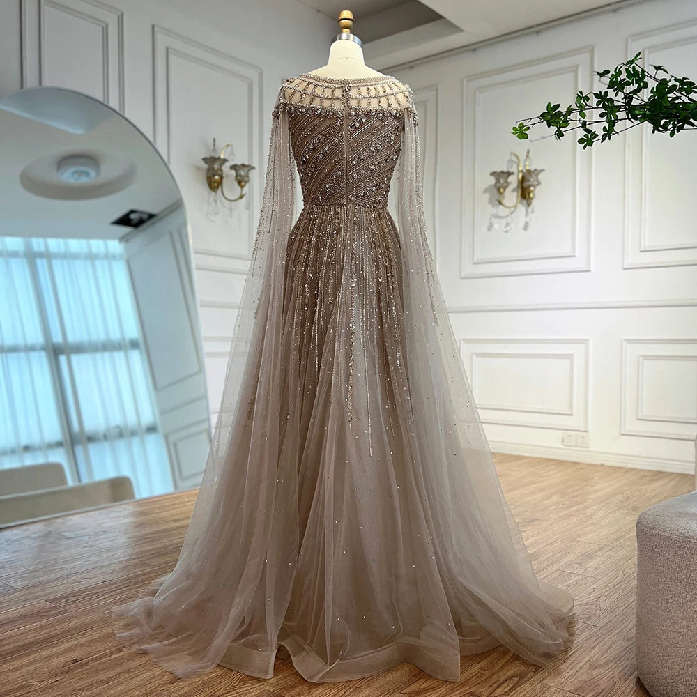 Luxury Caramel Evening Dress with Cape Long Sleeve Beaded Formal Gown for  Occasion Serene Hill 2025 LA72994 Customized