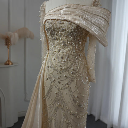 Sharon Said Nude Luxury Crystal Mermaid Evening Dress with Overskirt Long Sleeve Dubai Wedding Formal Prom Gown SS256 Customized