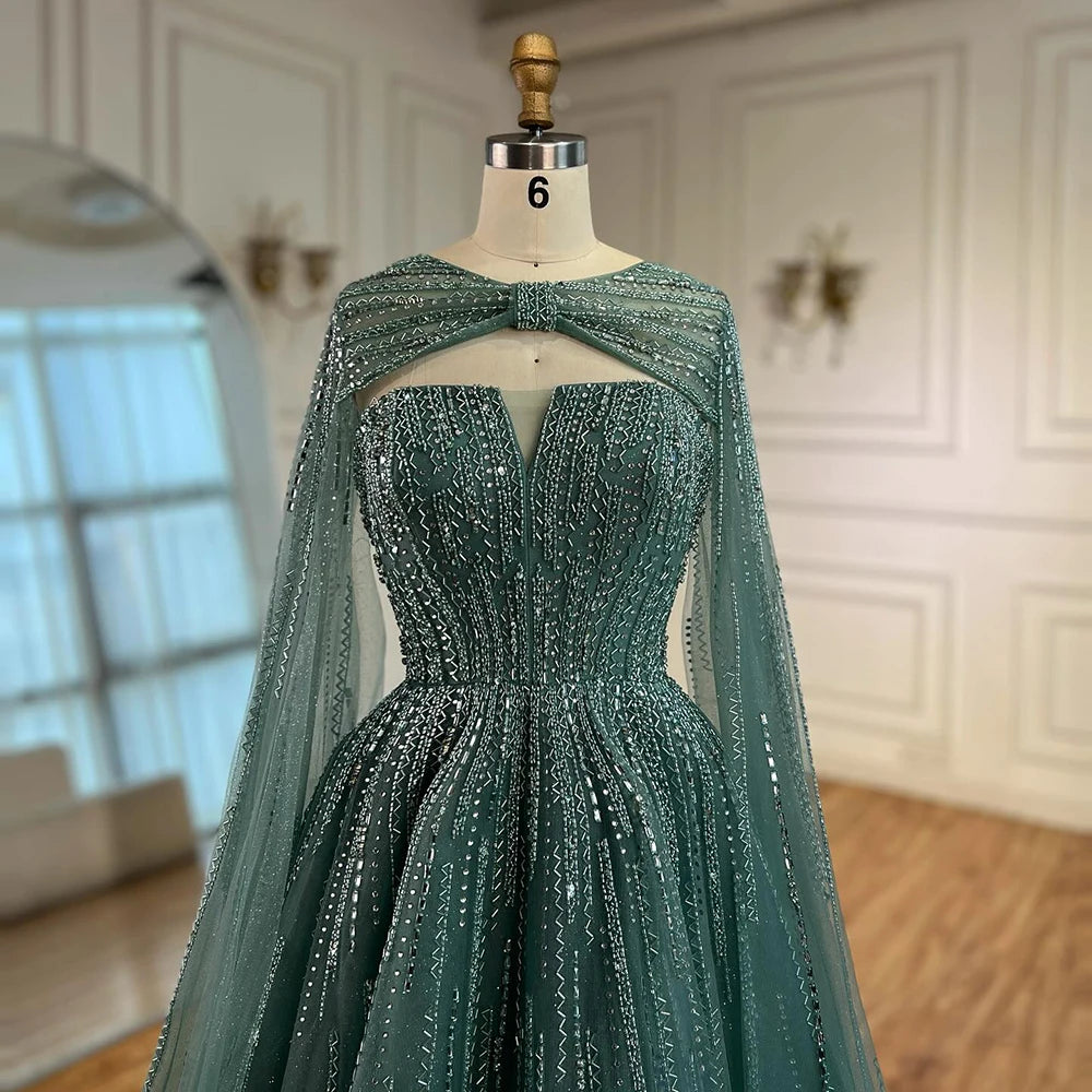 Serene Hill 2025 Arabic Blue Cape  A-Line Beaded Evening Dresses Long Celebrity Gowns  LA72427 Customized