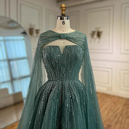Serene Hill 2025 Arabic Blue Cape  A-Line Beaded Evening Dresses Long Celebrity Gowns  LA72427 Customized