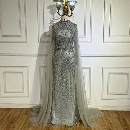 Muslim Nude Mermaid Cape Sleeves Pearls Beaded Luxury Dubai Evening Dresses Gowns 2025 Wedding Party LA72372 Customized