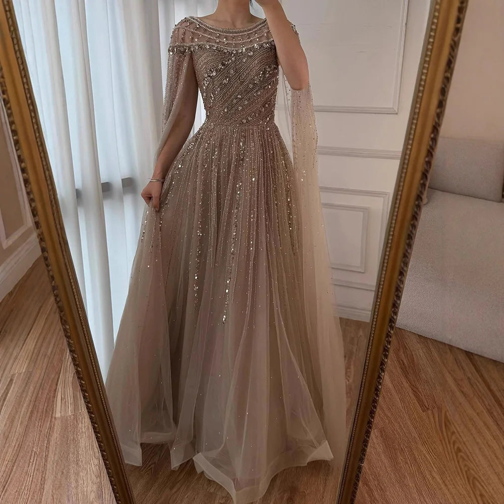 Luxury Caramel Evening Dress with Cape Long Sleeve Beaded Formal Gown for  Occasion Serene Hill 2025 LA72994 Customized