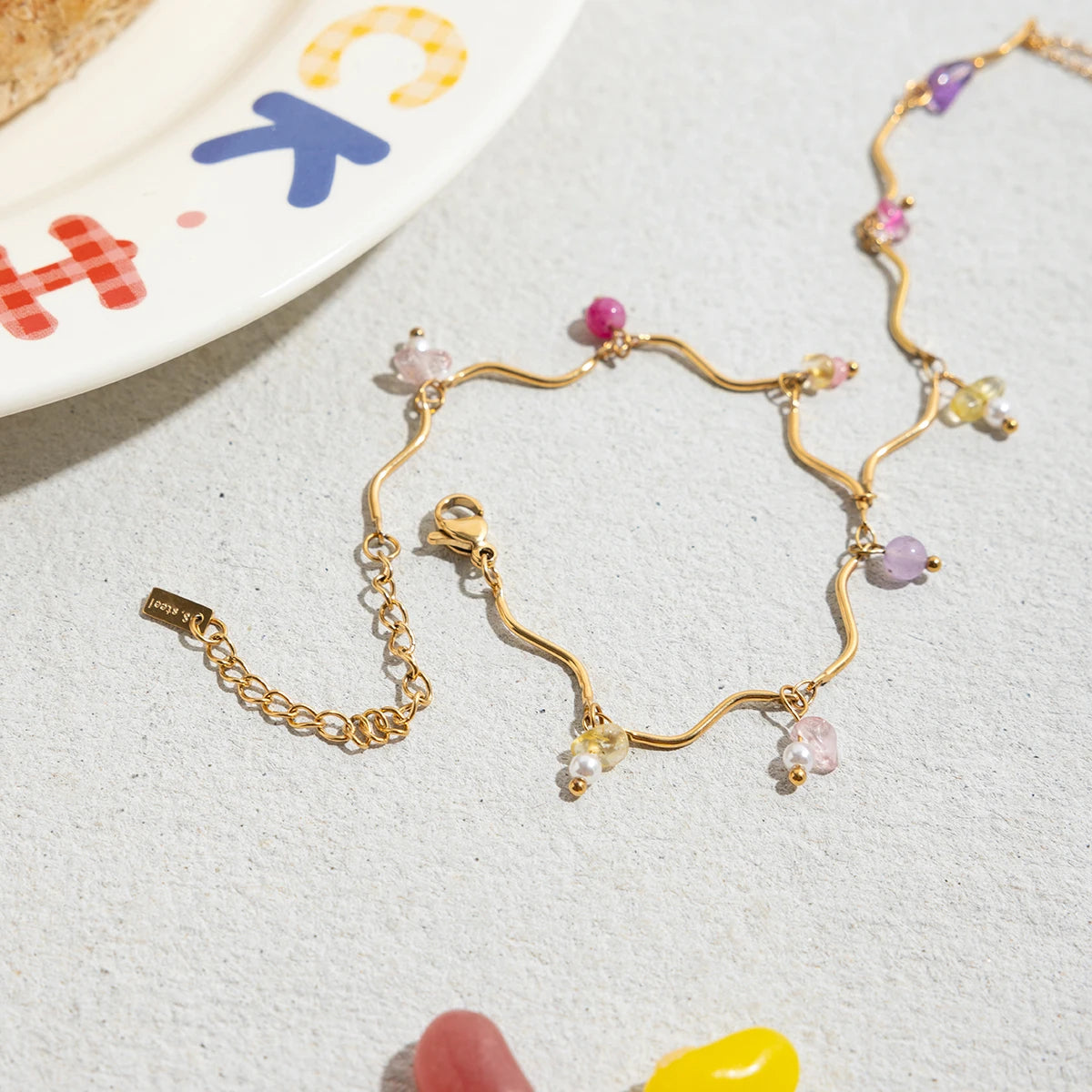 Zora Women's Vacation Style Colorful Natural Stone Crystal Finger Bracelet 18K Gold Plated Stainless Steel Fine Jewelry
