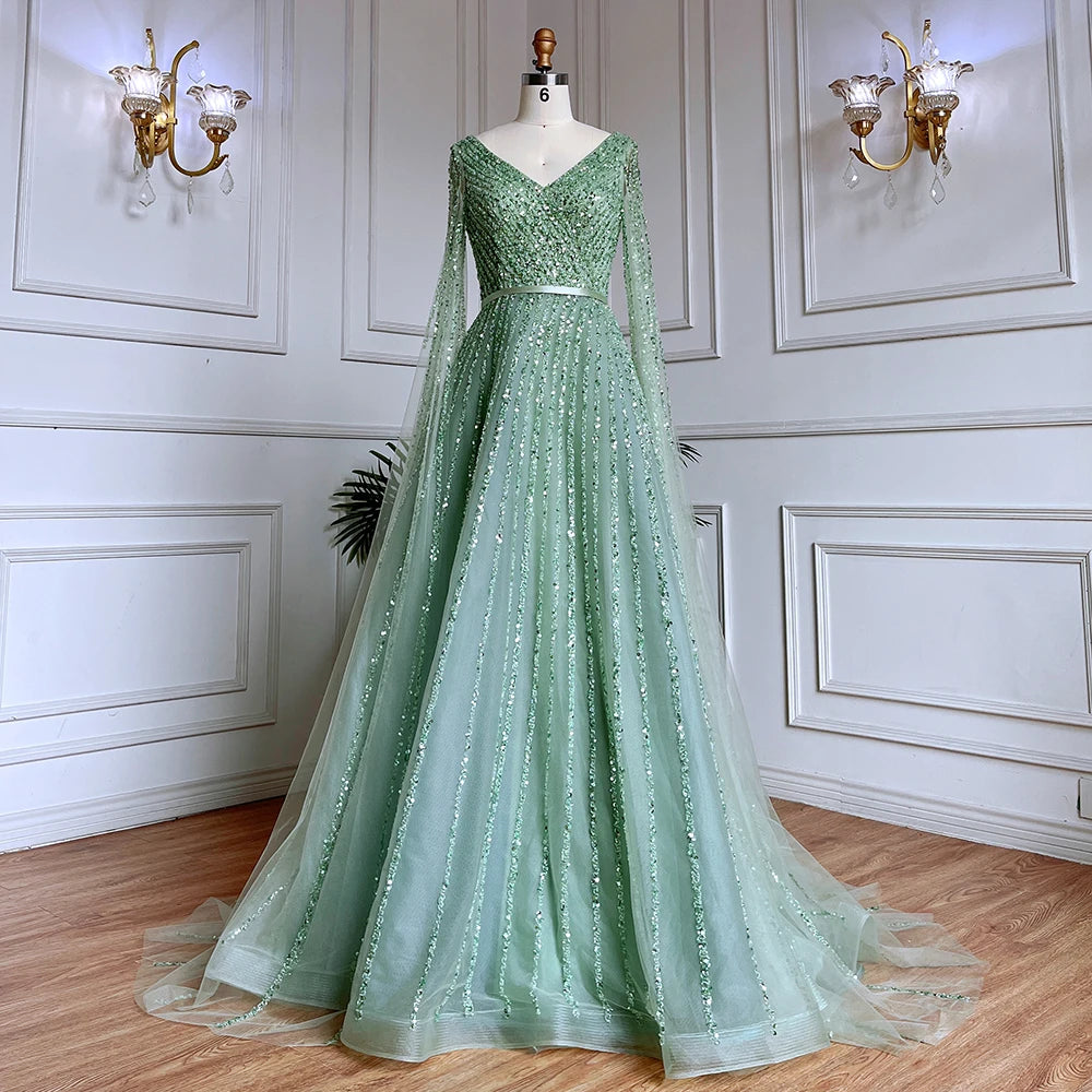 Serene Hill Mint Cape Sleeves A Line Beaded  Dubai Evening Dresses Long 2025 Celebrity Gowns For  Party LA71865 Customized