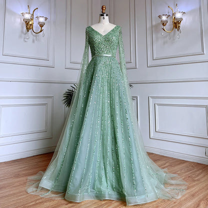 Serene Hill Mint Cape Sleeves A Line Beaded  Dubai Evening Dresses Long 2025 Celebrity Gowns For  Party LA71865 Customized