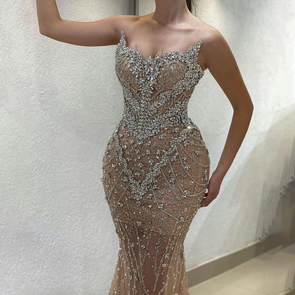Serene Hill 2025 Nude Mermaid Evening Dress with Beaded Removable Cape Sleeves Gown for Formal Occasion LA72539 Customized