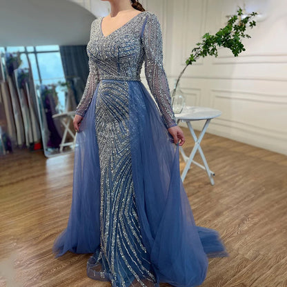 Serene Hill  Mermaid Beaded  Blue Muslim  Evening Dresses Gowns  with Detachable Skirt 2025  LA71750 Customized